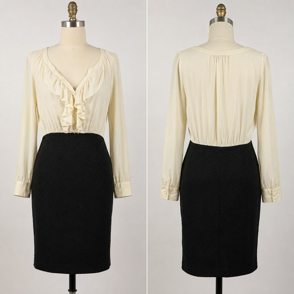 LOFT Size 6 Black Ivory Ruffle Dress Coquette Dark Academia Secretary Chic